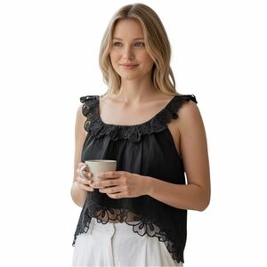 Anthropologie Black Eyelet Scoop-Neck Ruffle Woman’s Tank Top - Size Large